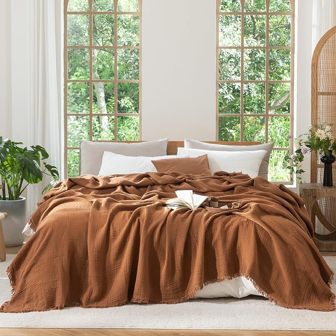 MooMee Muslin Blanket - 100% Cotton 4-Layer Gauze Throw Blanket with All-Around Fringe, Soft Breathable Lightweight Cooling Summer Blankets for Bed Couch (Drak Orange,Queen 90" x 90")