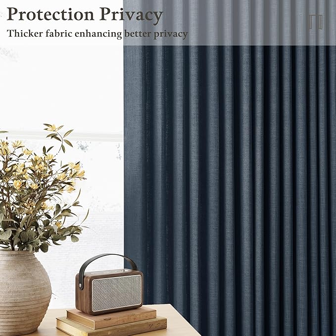 Navy Pinch Pleated Curtains 108 Inches Long 2 Panels for Living Room Bedroom Light Filtering Linen Drapes 108 Inch Length Indigo Dark Blue Semi Sheer Memory Shape Trained Ceiling Floor Curtain 9Ft