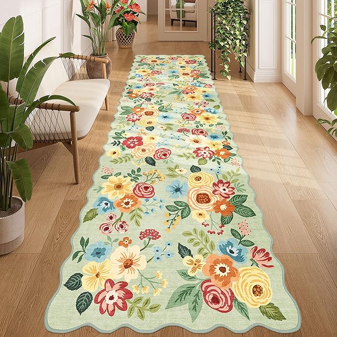 DUKINO 3x10 Washable Runner Rug, Non Slip Floral Ultra Soft Runner for Hallway, Lightweight Low Pile & Stain Resistant Long Throw Carpet for Kitchen, Bathroom, Entrance, Bedroom, Kids Room, Green