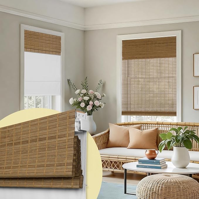 No Drill Double Bamboo Roman Shades for Windows, Day Night Cordless Roman Blinds for Indoor Windows, Thermal Insulated Window Shades for Home Blackout & Light Filtering, Camel, 32" W x48 H