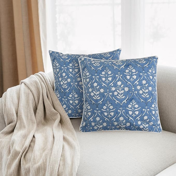 Ridhi Block Print Cornflower Blue Pillow Cover 24" x 24" (Pack of 2) Decorative Couch Pillows for Living Room, Chic Boho Cute Outdoor Pillows Covers Gifts for Spring, Easter and Valentine