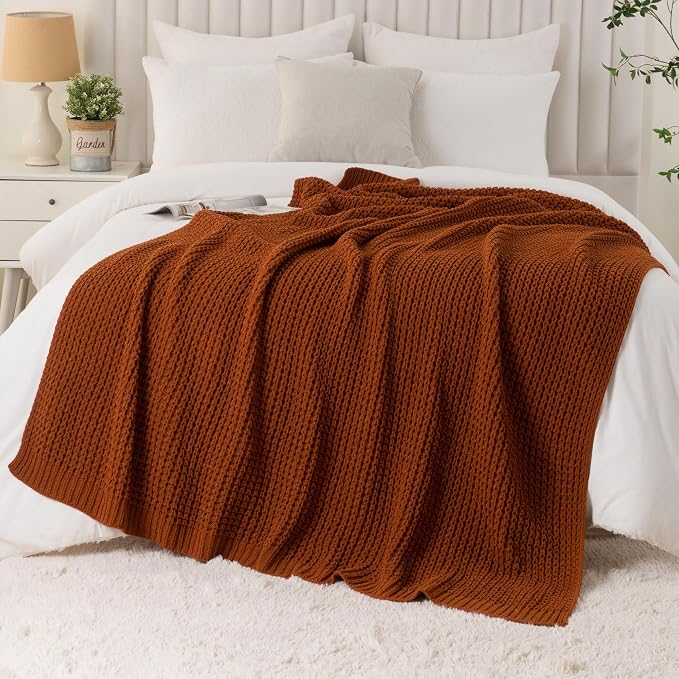 Bunnikins & Clover Knitted Waffle Blanket Throw, Fall Throw Blanket for Home Decoration, Caramel Throw Blanket for Couch, 50"x60"