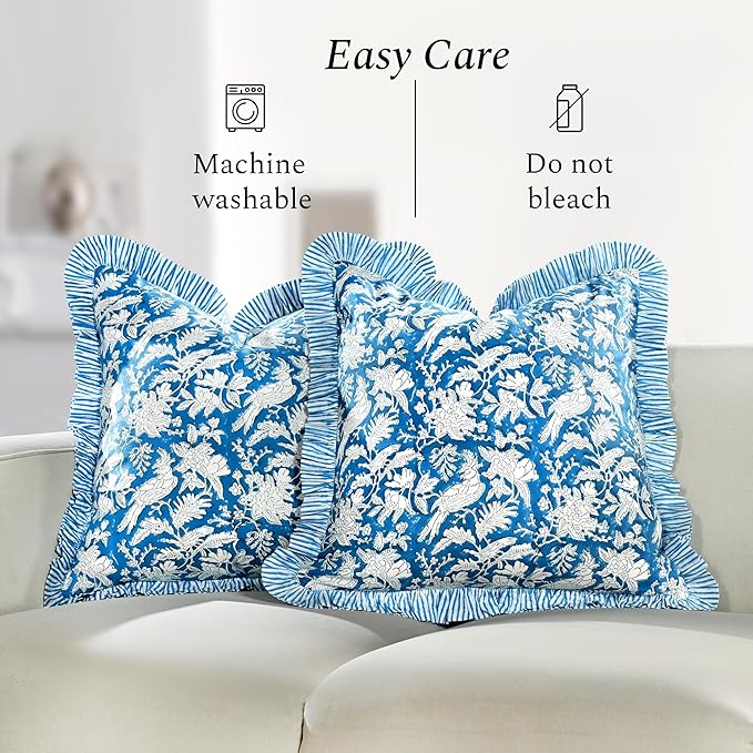 CPC Block Print Ruffle Throw Cover Blue Sapphire 24"x24" Inch Pack of 2-100% Cotton Ruffle Couch Decorative Boho Pillows Case for Living Room, Bedroom, Sofa, Farmhouse Gift for Spring, Mother's Day