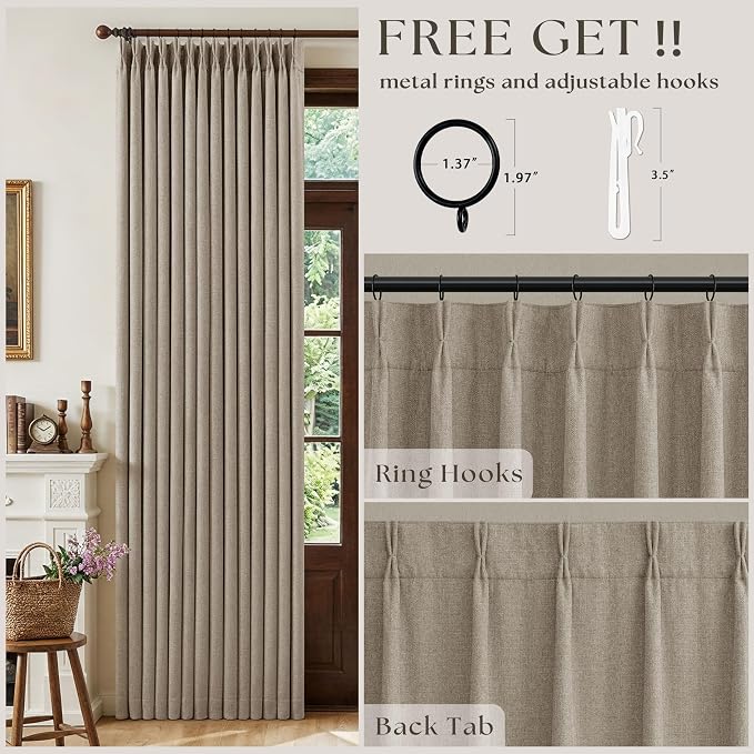 Blackout Pinch Pleat 100 Inch Curtains 2 Panels Set for Living Room Bedroom Farmhouse Farmhouse Pinch Pleated Back Tab Thermal Insulated 100% Black Out Window Curtain 100 Inch Length Taupe Deep Flax
