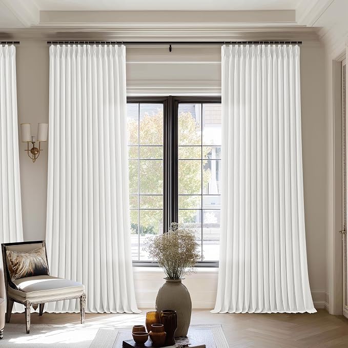 70 Wide Off White Semi Sheer Pinch Pleated Linen Curtains 90 Inch Long | 70 Inch Extra Wide, Ivory, Privacy, Light Filtering, Bedroom, Living Room, Burlap Textured, Memory Shape, Hook Rings, Boho