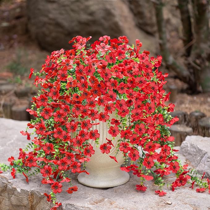 Ammyoo Artificial Hanging Flowers for Outdoors Fake Plants Decoration, 2 Pcs Faux Silk Daisy Flower Realistic Outdoor Flowers UV Resistant Porch Patio Window Yard Indoor Spring Decor(Red)