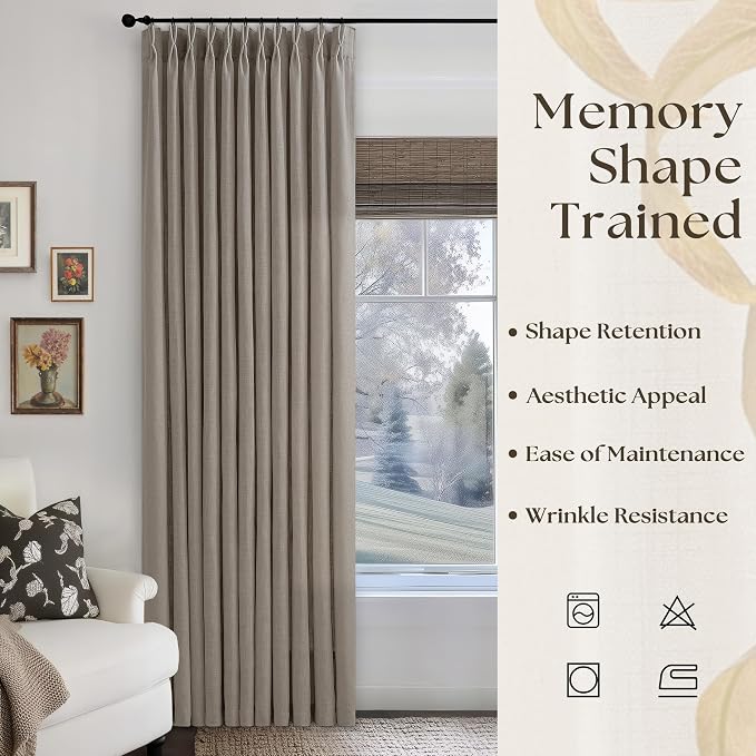 Pinch Pleated Linen 90 Inch Curtains 70 Inch Width for Living Room Divider Light Filtering Thick Taupe Linen Extra Wide Patio Curtains for Sliding Door Balcony Floor to Ceiling Window 1 Panel
