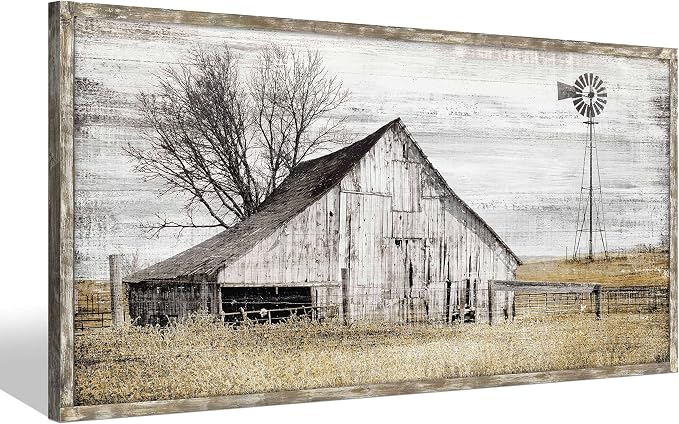 Farmhouse Framed Wall Art Picture: Rustic Barn Farm Wood Artwork Decor Large Country Landscape Windmill Print Horizontal Panoramic Countryside Rural Nature Scene Painting for Living Room Bedroom