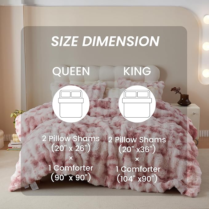 Simple&Opulence Fluffy Faux Fur Comforter Set, Plush Fuzzy Minky Bedding Set, 3 Pieces Warm Soft Comforter Bedding Set for Winter - 1 Shaggy Comforter with 2 Pillow Shams(King, Pink)