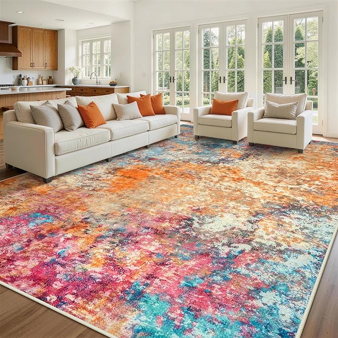 9x12 Area Rugs for Living Room Rug Washable: Abstract Large Rug for Dining Room Bedroom Carpet Non Slip 9 by 12 Indoor Modern Nursery Home Office Colorful