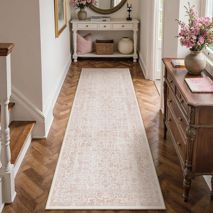 PureCozy Pink Runner Rug 2x8 Hallway Machine Washable Kitchen Vintage Distressed Non Slip Long Carpet Indoor Retro Floral Bedroom Accent Throw Rug for Bathroom Office Laundry Dining Room