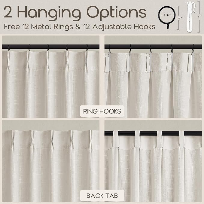 Pinch Pleated Linen Curtains 70 Inch Wide 1 Panel for Living Room Large Windows Farmhouse Light Filtering Linen Textured Natural Door Curtains with Rings 92 Inches Long Shaped Drapes for Sliding Door