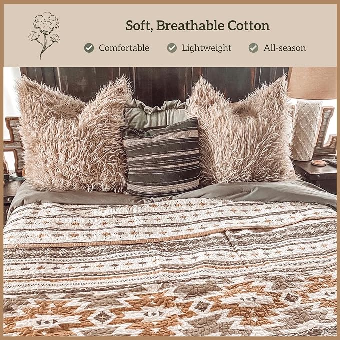 Paseo Road Desert Sage Twin Quilt Set, 2 Piece Rustic Western Bedding Set with Pillow Sham, Lightweight Reversible Cotton Quilt with Southwestern Aztec Pattern, Soft Breathable Cozy Boho Bedding