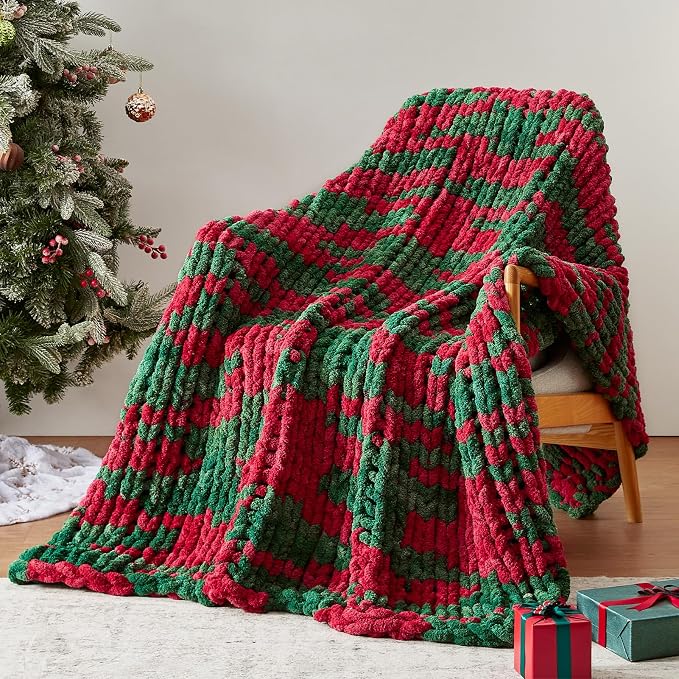 Negwoo Chunky Knit Throw Blanket, 60''*80'' Knitted Throw Chenille Yarn for Bed Couch, Handmade Stripe Crochet Big Thick Blanket, Machine Washable Cute Comfy Blanket for Home Decor