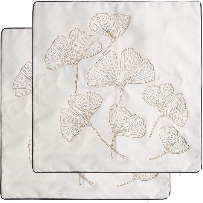 Embroidery Throw Pillow Covers 18x18 Fine Thread Golden Ginkgo Leaves Home Decor Floor Pillow Cover for Couch 100% Cotton Cushion Cover Embroidered Throw Pillow Case 45x45cm, 2 Pieces