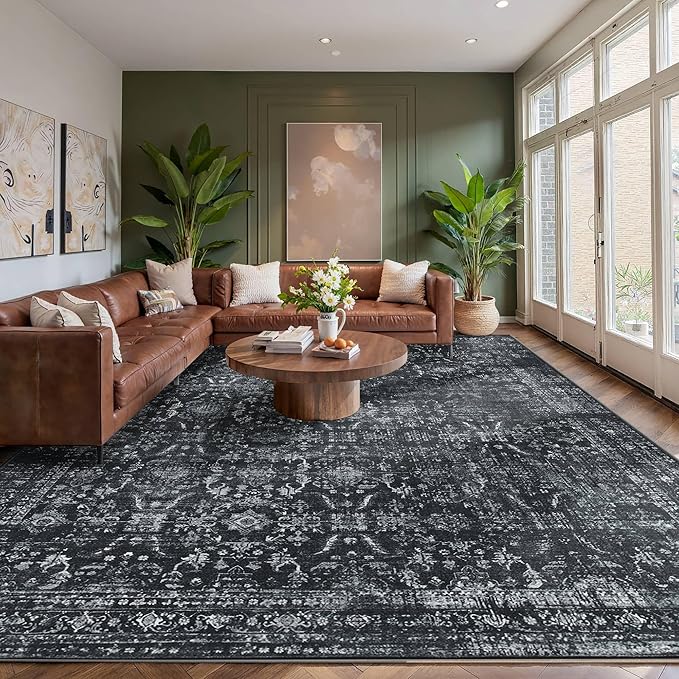 Rugxara 9x12 Area Rugs for Living Room Bedroom, Large Washable Rug, Black Vintage Floral Boho Rug, Non Slip & Low Pile Faux Wool Thin Carpet for Indoor Dining Room and Kids Room(Black 9x12ft)