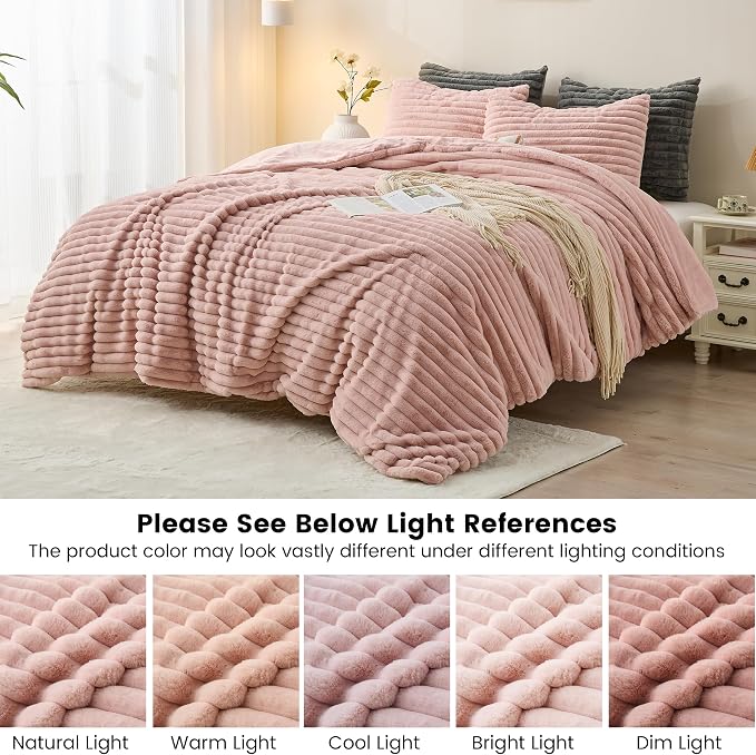 Simple&Opulence Fluffy Faux Fur Comforter Set, Plush Fuzzy Minky Bedding Set, 3 Pieces Warm Soft Comforter Bedding Set for Winter - 1 Shaggy Comforter with 2 Pillow Shams(King, Striped - Pink)