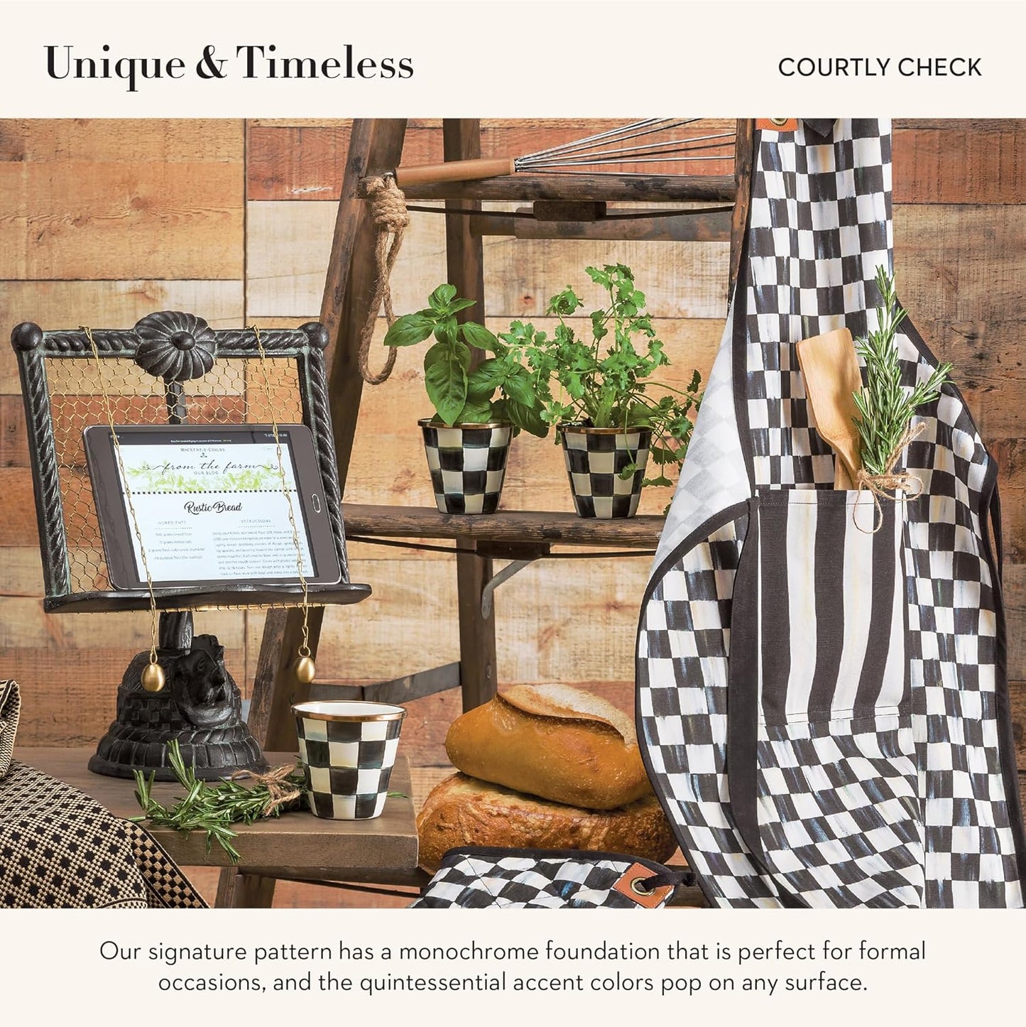 MACKENZIE-CHILDS Enamel Herb Pots, Small Plant Pots for Herbs or Flowers, Set of 3, Black-and-White Courtly Check