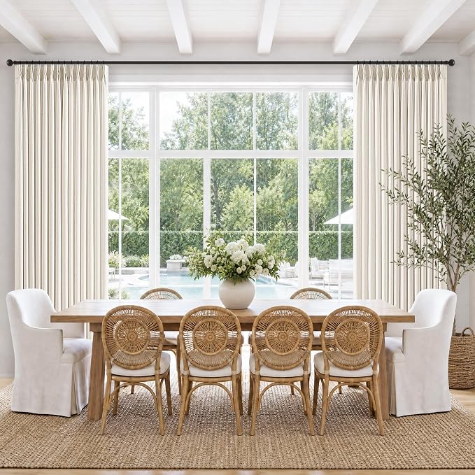 90 Inches Natural Pleated Linen Curtains for Living Room Light Filtering Boho Memory Trained Privacy Beige White Thick Linen Curtains with Back Tab Neutral Semi Sheer Pleat Bedroom Drapes 2 Panels