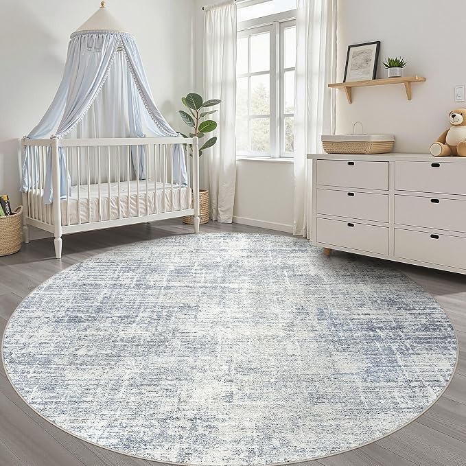 8ft Round Rug Living Room: 8x8 Washable Large Neutral Blue Circle Area Rug Abstract Soft Modern Stain Resistant Indoor Floor Non-Slip Carpet for Bedroom Nursery Kids Office Playroom Dining Room