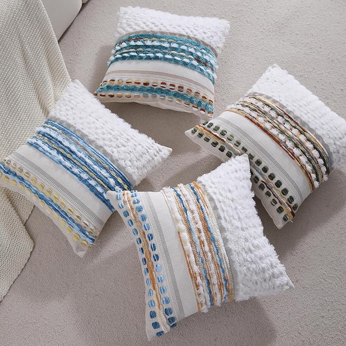 Boho Throw pillow covers 18x18 set of 2 farmhouse decorative Couch pillow covers neutral Accent throw pillows covers striped outdoor cushion covers square textured chenille pillow cases for sofa bed