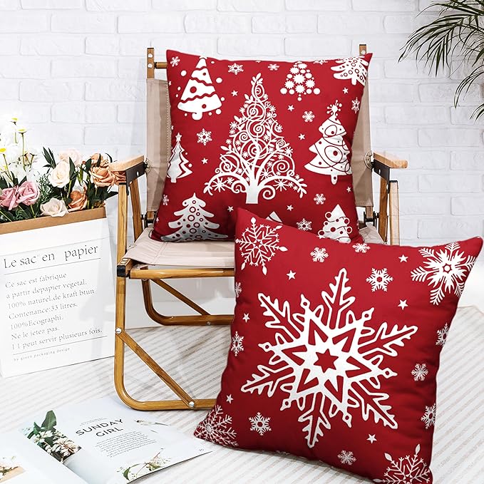 Christmas Red Pillow Covers 24x24 Set of 2 Xmas Tree with Snowflakes Decorative Pillow Covers Cotton Linen Cushion Case for Winter Holiday Decorations Living Room Outdoor