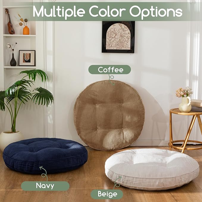 HIGOGOGO 35" Floor Pillow Cushion for Adults, Meditation Cushion Pillow, Extra Large Square Floor Sitting, Tufted Corduroy Cover for Tatami Living Room or Yoga, Coffee