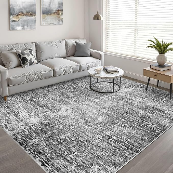 9x12 Area Rug Living Room: Washable Large Neutral Black Rug Abstract Soft Modern Stain Resistant Indoor Floor Non-Slip Carpet for Bedroom Nursery Kids Office Playroom Dining Room Under Table Home