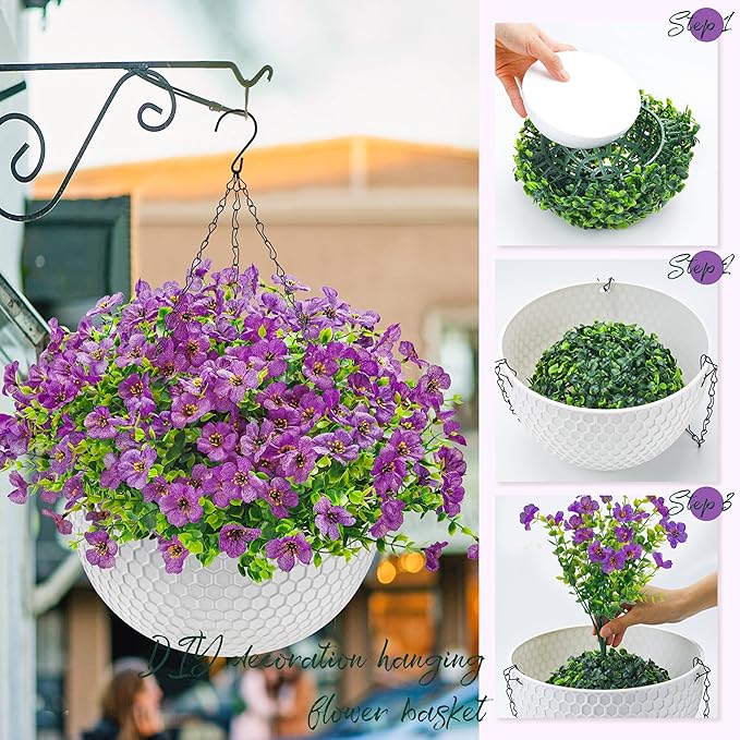 Der Rose Artificial Hanging Flowers Basket for Faux Plants Outdoor Spring Summer Decoration UV Resistant Fake Flowers for Patio Balcony Farmhouse Decor(Purple)