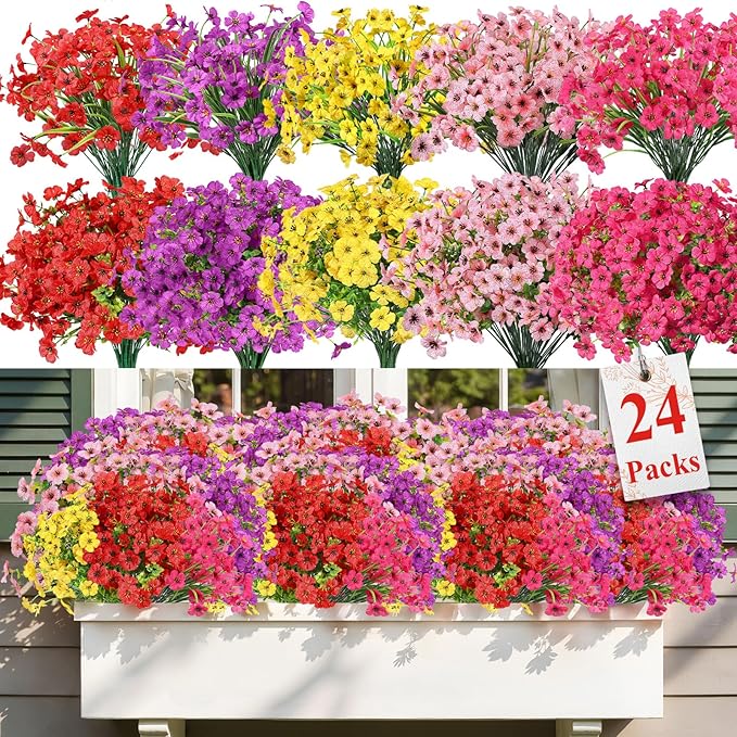 Alupssuc 24 Bundles Artificial Flowers for Outdoors Decoration, UV Resistant Silk Faux Daisy Flora Spring Fake Plastic Plants Greenery for Outside Indoor Yard Home Porch Window Box Decor, Mix 5 Colors