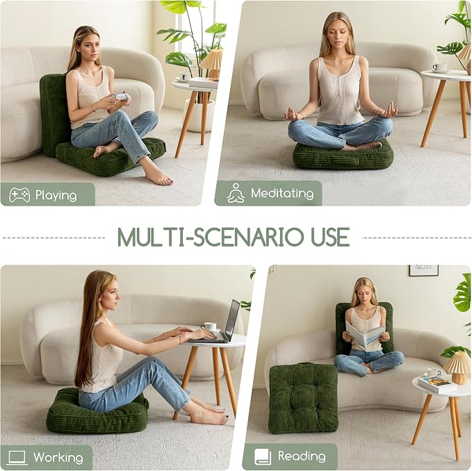 HIGOGOGO Floor Pillow Cushion for Adults, Meditation Cushion Pillow, Large Square Floor Sitting, Tufted Corduroy Cover, for Tatami Living Room or Yoga, Dark Green