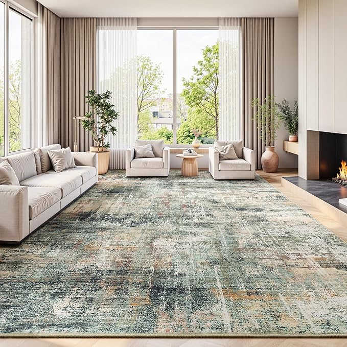 Lofus 9x12 Area Rug for Living Room, Coffee/Green Abstract Large Rugs with Non-Slip Backing, Neutral Modern Washable Carpet for Bedroom Dining Room Home Office Nursery Indoor