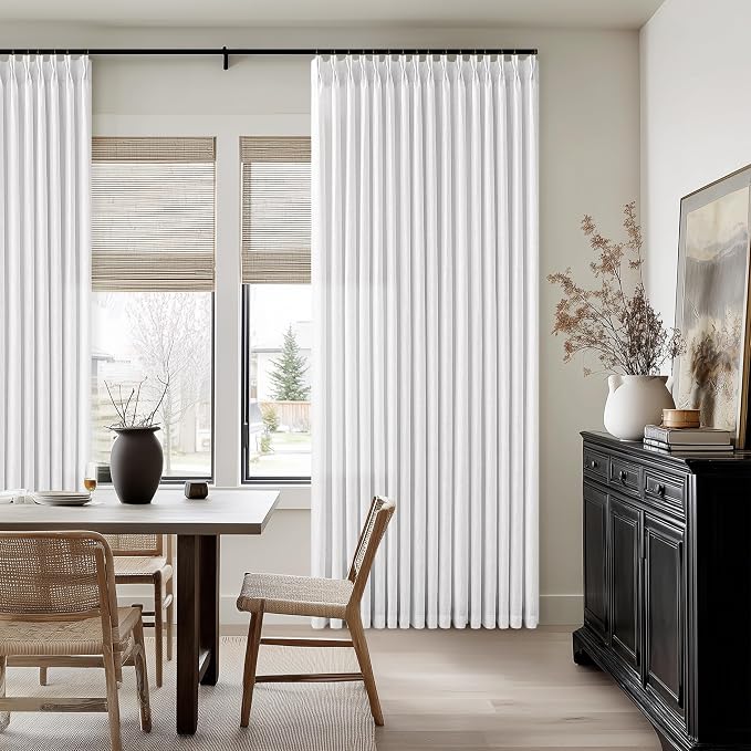 Pinch Pleated Linen Curtains 105 Inches Long for Living Room 2 Panels Set Memory Trained Pleat Drapes Back Tab Light Filtering Neutral Boho Ceiling Floor 105 Inch Length Window Curtains Snow White