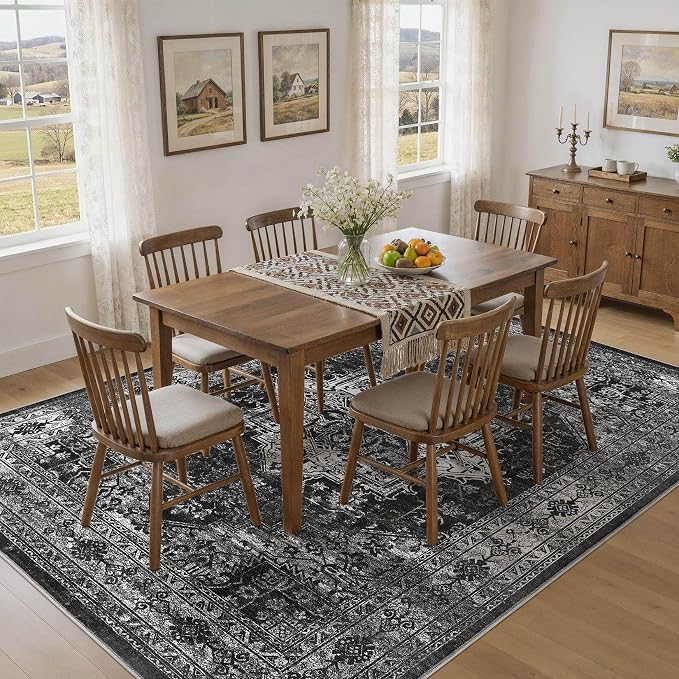 UERMEI 8x10 Area Rug Living Room Rugs - Washable Vintage Soft Large Rug Indoor Floor No Slip Rug Carpet for Bedroom Farmhouse Under Dining Table Home Office Decor - Black
