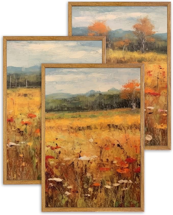 UPWOIGH Autumn Meadow Framed Wall Art, 16 x 24 Inch, Set of 3 | Golden Wildflower Meadow Prints, Warm Autumn Landscape Design, Light Wood Frames for Living Room, Dining Room and Office