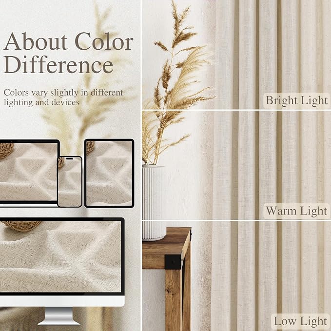 Nanspring Warm Beige Linen Curtains 102 Inches Long Rod Pocket Back Tab Drapes 2 Panels Set for Living Room Bedroom Light Filtering Semi Sheer Warm Beige Curtain 102 Length for Patio Door 52x102