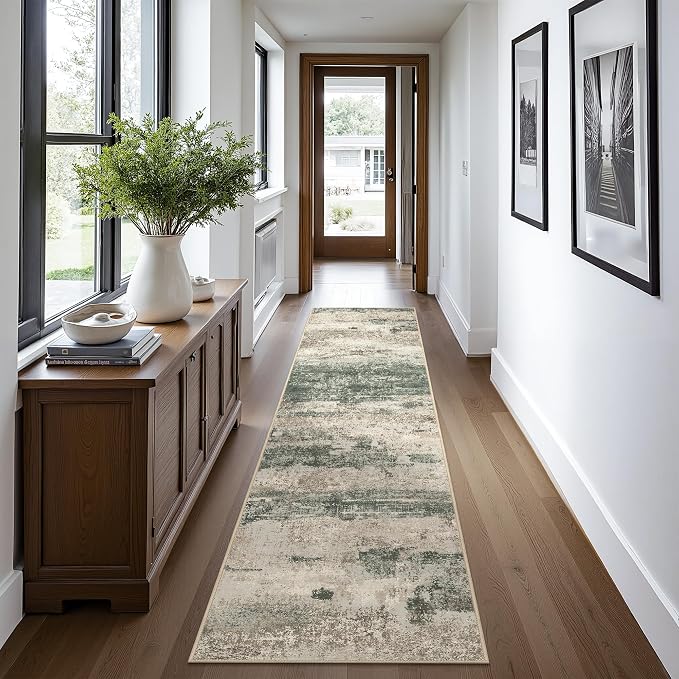 BEIMO Runner Rug for Hallway Kitchen, 2'6"x12' Machine Washable Runners Rug for Entryway, Soft Modern Abstract Throw Rugs, Low Pile Floor Cover with Non Slip Backing, Grey/Dark Green