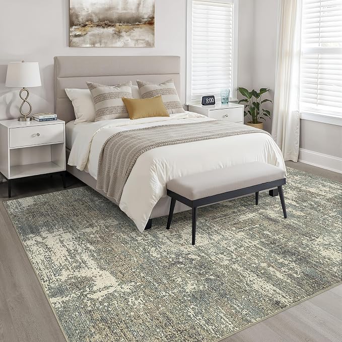 8x10 Area Rugs Living Room: Washable Large Neutral Rug Abstract Soft Modern Stain Resistant Indoor Floor Non-Slip Carpet for Bedroom Nursery Kids Office Playroom Dining Room- Green Brown