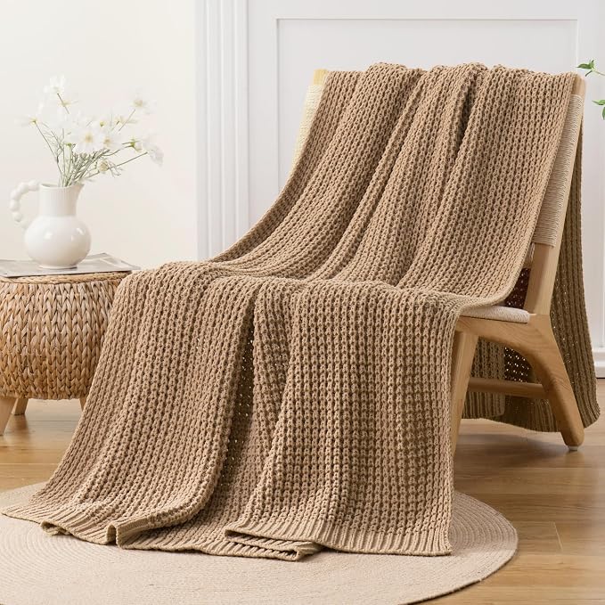 Bunnikins & Clover Beige Throw Blanket for Couch, Knitted Beige Throw for Bed, Neutral Throw Blankets Tan Blanket for Room Decor Housewarming Gifts, 60"x80"