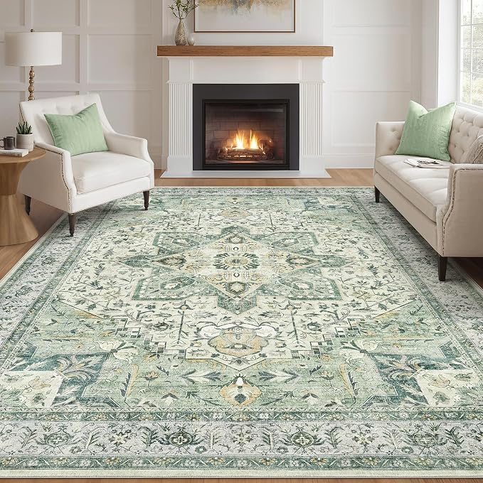 Tortania Area Rug Living Room Rugs - 10x14 Washable Boho Rug Vintage Oriental Distressed Farmhouse Large Thin Indoor Carpet for Living Room Bedroom Under Dining Table Home Office - Green