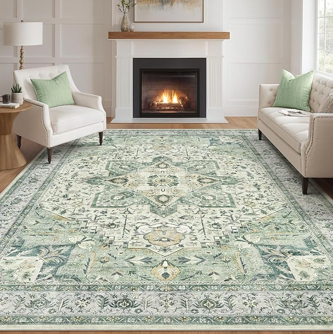 Tortania Area Rug Living Room Rugs - 8x10 Washable Boho Rug Vintage Oriental Distressed Farmhouse Large Thin Indoor Carpet for Living Room Bedroom Under Dining Table Home Office - Green