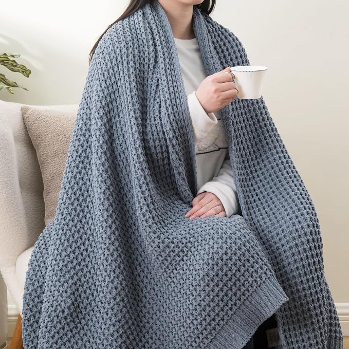 Bunnikins & Clover Blue Grey Throw Blanket for Couch, Thick Warm Soft Cozy Knitted Chenille Throw Blanket for Sofa, Bed, Living Room, 50"x60"