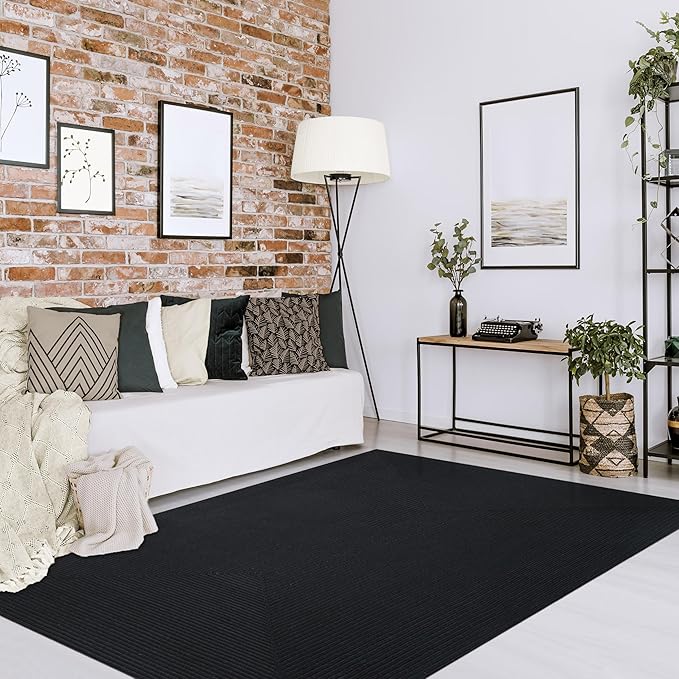 Superior Indoor/ Outdoor Large Area Rug, Reversible Braided Home Floor Decor for Living Room, Kitchen, Entryway, Patio, Front Porch, Deck, Modern, Boho, Farmhouse Style, 8' x 10', Black