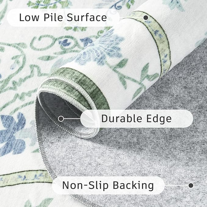 DCX Green and Blue 6x9 Rug, Kid & Pet Friendly with Rubber Back Non Slip, Washable Stain Resistant Botanical Scalloped Rug for Living Room, Bedroom, Soft Low Pile Large Nursery Carpet