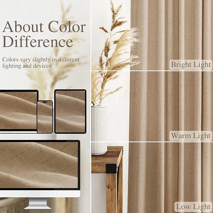Sand Beige Linen Curtains for Living Room 94 Inches Long Simple Modern Light Filtering Semi Sheer Curtain Back Tab Rustic Farmhouse Luxury Home Decor Drapes for Bedroom Dinner Room 52x94, 2 Panels