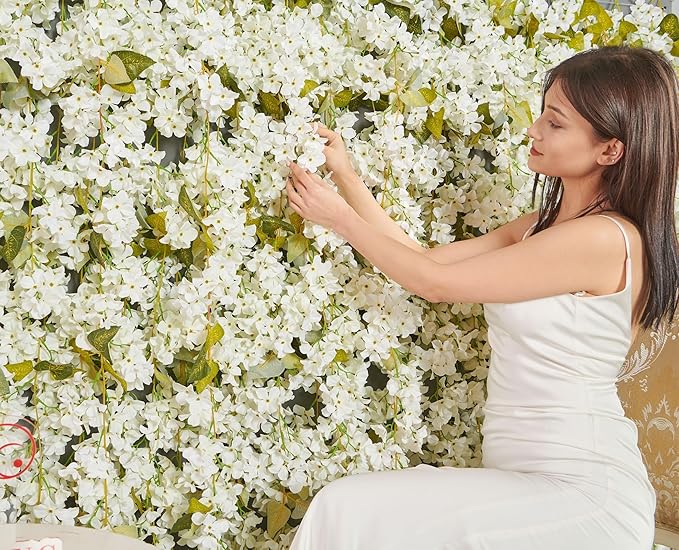 PONKING Flower Garland, Artificial Hydrangea Vine Flowers, Hanging Fake Hydrangeas Vine for Room Anniversary Wedding Birthday Christmas Wall Arch Decor, 2 Pcs, Floral Garland, White Flower