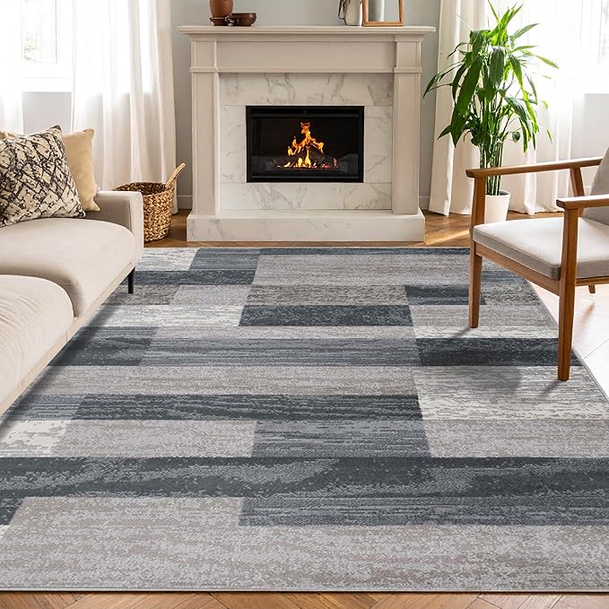 SUPERIOR Indoor Area Rug, Jute Backed, Modern Geometric Patchwork Floor Decor for Bedroom, Office, Living Room, Entryway, Hardwood Floors, Rockwood Collection, 5' x 8', Blue-Taupe