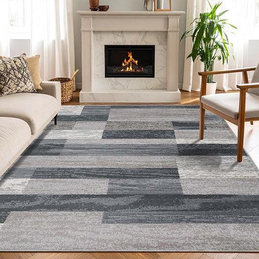 Superior Indoor Area Rug, Jute Backed, Modern Geometric Patchwork Floor Decor for Bedroom, Office, Living Room, Entryway, Hardwood Floors, Rockwood Collection, 7' x 9', Blue-Taupe