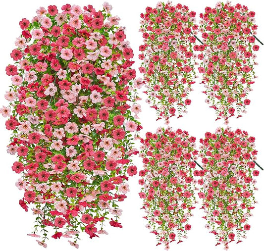 Artificial Hanging Flowers for Outdoors Spring Summer Decoration, 4PCS UV Resistant Silk Fake Hanging Plants for Patio Porch Front Yard Window Garden Indoor Decor(Hot Pink&Light Pink,4PCS)