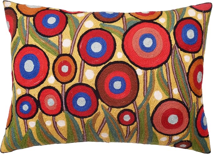 Lumbar Yellow Poppy Floral Pillow Cover Red Poppies Flower Pillows Farmhouse Chair Cushion Floral Poppy Hand Embroidered Size 14x20